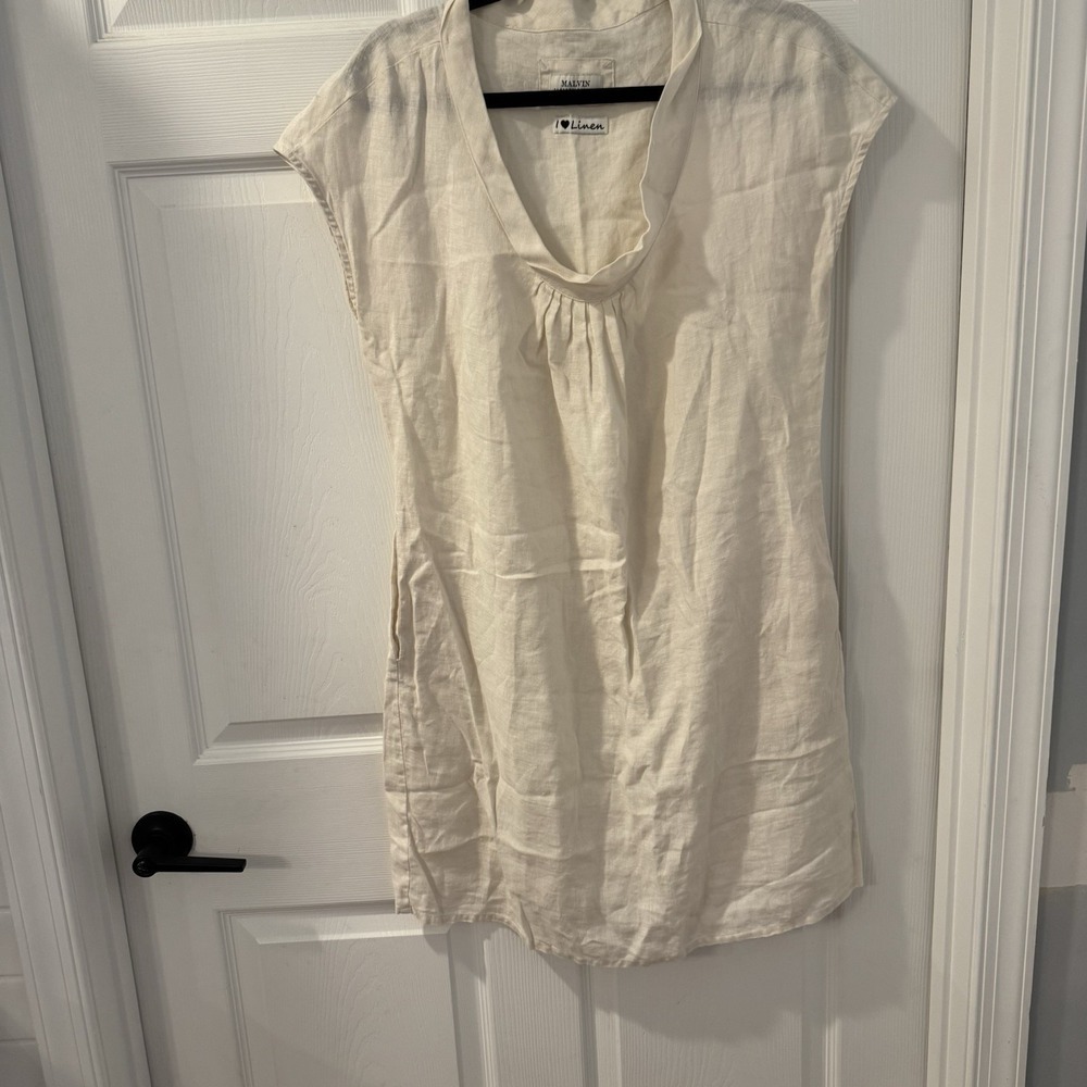 MALVIN Anthropologie I Love Linen Beige Cap Sleeve  Dress‎ Pockets